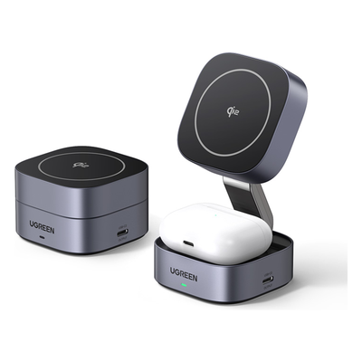 UGREEN - Cargador Inalámbrico 2 en 1 / Qi 2 15W / Base Auriculares 5W / Salida USB-C 5W / Potencia Total 25W / Protección Múltiple