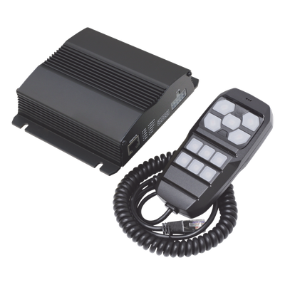 SIGNALPRO - Sirena Vehicular / 100W / Multivoltaje 12~24 VCD / 22 Ciclos de Tono / 4 Salidas Auxiliares / Megafonía y Radio Integradas