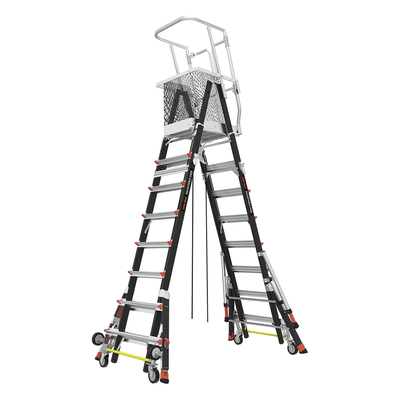 LITTLE GIANT LADDER SYSTEMS - Escalera de Fibra de Vidrio con Jaula / Ajuste de Altura 8' a 14' (2.44 a 4.27 m) / Carga Máxima 170 kg (375 lb) / Nivelación en Ruedas Ratchet™ / Peso 58.5 kg (129 lb)
