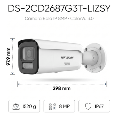 HIKVISION - Bala IP 8 Megapixel / Lente Mot. 2.8 a 12 mm / 60 mts IR + Luz Blanca / Exterior IP67 / WDR 130 dB / ACUSENSE 3.0 / Metal / NEMA 4X / ACUSEEK
