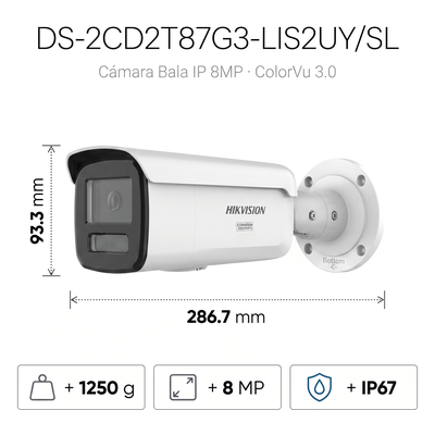 HIKVISION - Bala IP / 8 Megapixel / Lente 4 mm / 60 mts IR + Luz Blanca / IP67 NEMA 4X / WDR 130 dB / ACUSENSE 3.0 / ACUSEEK / Audio 2 Vías / 196.85 pies Iluminación
