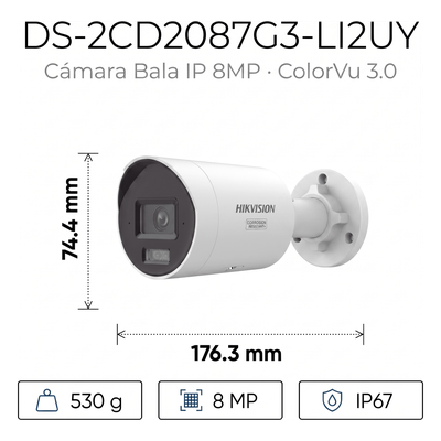 HIKVISION - Bala IP / 8 Megapixel / Lente 2.8 mm / 40 m IR + Luz Blanca / 131 pies / IP67 NEMA 4X / WDR 130 dB / Dual Micrófono / AcuSense 3.0