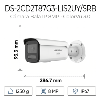 HIKVISION - Bala IP 8 Megapixel / Lente 4 mm / 60 mts IR + Luz Blanca / Exterior IP67 / Estrobo Azul y Rojo / WDR 130 dB / ACUSENSE 3.0 / Metal / NEMA 4X / ACUSEEK