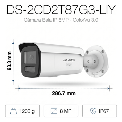 HIKVISION - Bala IP 8 Megapixel / Lente 4 mm / 60 mts (197 pies) IR + Luz Blanca / Exterior IP67 / WDR 130 dB / ACUSENSE 3.0 / Metal / NEMA 4X / ACUSEEK