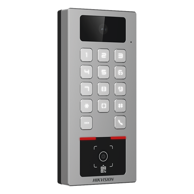 HIKVISION - Terminal de Control de Acceso / Lector QR Exterior / Videoportero 2 MP / IP65 & IK09 / 100,000 Tarjetas / 300,000 Eventos / Bluetooth y App