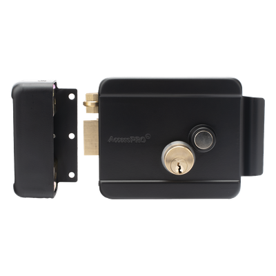 ACCESSPRO - Cerradura Eléctrica con Botón de Salida / Doble Cerrojo / 12 VDC 2.5 A / Activación por Pulso 2 s / Exterior Izquierda / Cuerpo 129 x 103 x 38 mm