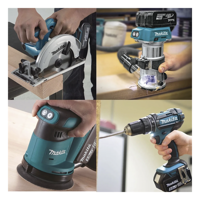 MAKITA - Kit de Carpintería Inalámbrico / Sierra Circular 3,700 RPM / Router / Lijadora Orbital / 3.5 kg / 2.50 m/s² Vibración