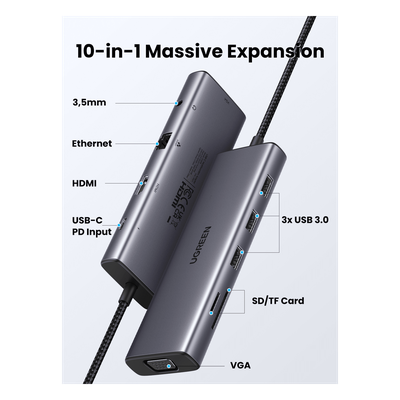 UGREEN - Hub USB-C / 10 en 1 / HDMI 4K@30Hz / VGA 1920x1200 / 3x USB 3.0 5Gbps / Ethernet Gigabit / SD/TF / PD 100W / Audio 3.5mm / Aluminio