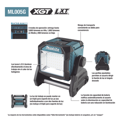 MAKITA - Luz de Trabajo LED Inalámbrica / 3,600 Lúmenes / Dual Voltaje 18V y 40V / IP65 / Tres Modos de Iluminación / 11-5/8' de Altura