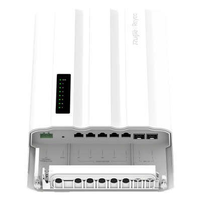 RUIJIE - Switch PoE para Exteriores / 7 Puertos Gigabit / 5 RJ45 + 2 SFP / PoE+ 60W / ERPS / IP65 / -30°C a 65°C / Gestión Cloud / Capa 2 / Fanless