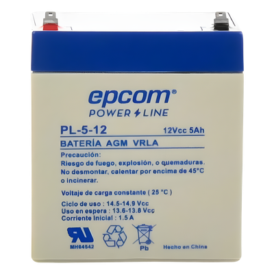 EPCOM POWERLINE - Batería 12 Vcc / 5 Ah / UL / Tecnología AGM-VRLA / Para uso en equipo electrónico Alarmas de intrusión / Incendio/ Control de acceso / Video Vigilancia / Terminales F1 / Cargador recomendado CHR-80.