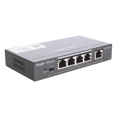 RUIJIE - Switch Administrable PoE / 5 Puertos Gigabit / 4 Puertos PoE 802.3af/at / 54 W / Capacidad 10 Gbps / Gestión Cloud / Sin Ventilador