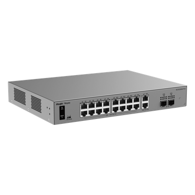 RUIJIE - Switch Smart Cloud PoE+ / 20 Puertos Gigabit / 16 Puertos PoE+ 250 W / 2 SFP 1G / Switching 40 Gbps / Forwarding 29.76 Mpps / Protección 6 kV / Gestión Cloud