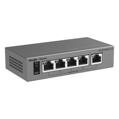 RUIJIE - Switch Capa 2 Gestionado en la Nube / 5 Puertos Gigabit / Switching 10 Gbps / Forwarding 7.44 Mpps / Diseño sin Ventilador / Protección 6 kV / Modo CCTV de un Clic / 32 VLANs / Gabinete Metálico / Ruijie Cloud