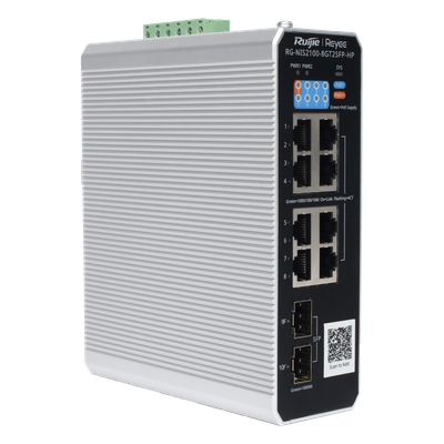 RUIJIE - Switch Industrial PoE+ / 8 Puertos Gigabit / 1 PoE++ 60W / 7 PoE+ 30W / 2 SFP Uplink / 300W Total / Capacidad 20 Gbps / Layer 2