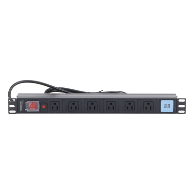 THORSMAN - PDU Horizontal / 6 Contactos NEMA 5-15R / 2 Puertos USB 5V/2.1A / 1UR / 19" / 1875 W / Cable 1.80 m (5.9 ft)