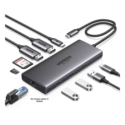 UGREEN - Docking Station USB-C 10 en 1 / Dual HDMI 4K 60Hz y 8K 30Hz / Carga PD 100W / Ethernet Gigabit / USB 3.0 / Lector SD-TF