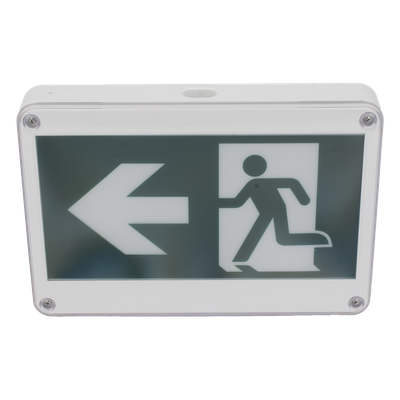 SFIRE - Letrero de Señalización de Emergencia / Alto Brillo / Doble Voltaje 120/220 VCA / Batería de Respaldo 120 min / Montaje Universal / IP Policarbonato