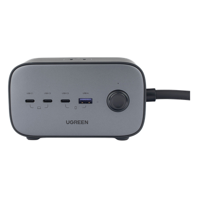UGREEN - Cargador de Escritorio y Tomacorriente Múltiple | 3 Puertos USB-C | 1 Puertos USB-A | 3 Tomacorriente de CA | Tecnología GaN II | 1 USB 100W PD | Carga Rápida | Diseño Innovador en Forma de Cubo | Interruptor de Apagado.