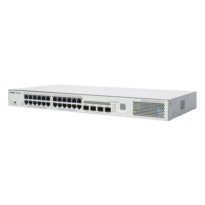 RUIJIE - Switch Administrable L2 PoE+ / 24 Puertos Gigabit / 4 SFP Uplink 1G / 370W / Capacidad 56 Gbps / Protección 6 kV / 1U Rack