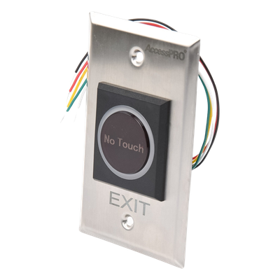 ACCESSPRO - Botón de Salida sin Contacto / Detección Ajustable 4 a 15 cm / Control Remoto 433 MHz / 16 Transmisores / Relevador 24 VCC / Acero Inoxidable / LED / -20°C a 55°C