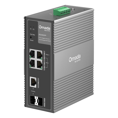 TP-LINK - Switch Industrial Easy Managed / 6 Puertos Gigabit / 4 PoE (1× PoE++ 60W + 3× PoE+ 30W) / 120W PoE Budget / 2 SFP / IP40 / -40°C a 75°C / 6kV Protección Rayos / DIN-Rail