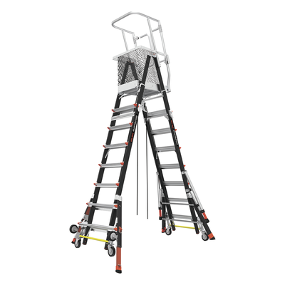 LITTLE GIANT LADDER SYSTEMS - Escalera de Fibra de Vidrio con Jaula / Ajuste de Altura 8' a 14' (2.44 a 4.27 m) / Carga Máxima 170 kg (375 lb) / Nivelación en Ruedas Ratchet™ / Peso 58.5 kg (129 lb)