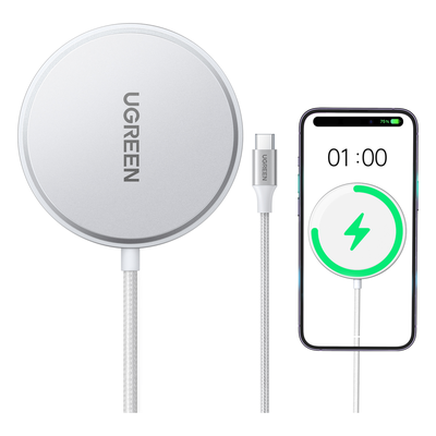 UGREEN - Cargador Inalámbrico Magnético / 15W / Qi 2 Certificado / USB-C 9V 2.2A / Eficiencia 83% / Cable 1.5 m (4.9 ft) / Material PC+ABS+Aluminio