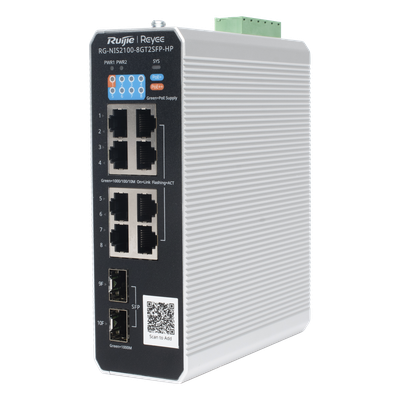 RUIJIE - Switch Industrial PoE+ / 8 Puertos Gigabit / 1 PoE++ 60W / 7 PoE+ 30W / 2 SFP Uplink / 300W Total / Capacidad 20 Gbps / Layer 2