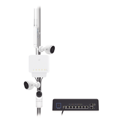 UBIQUITI - Switch PoE semi-exterior / 5 puertos Gigabit / 1 entrada 802.3bt + 4 salidas 802.3af / IP55 / 46W / Montaje pared o poste