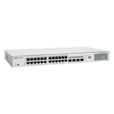 RUIJIE - Switch Administrable L2 PoE+ / 24 Puertos Gigabit / 4 SFP Uplink 1G / 370W / Capacidad 56 Gbps / Protección 6 kV / 1U Rack