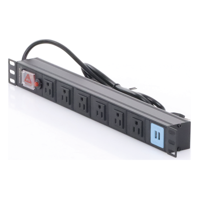 THORSMAN - PDU Horizontal / 6 Contactos NEMA 5-15R / 2 Puertos USB 5V/2.1A / 1UR / 19" / 1875 W / Cable 1.80 m (5.9 ft)