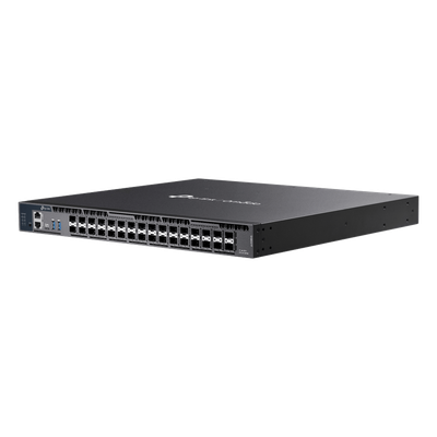 TP-LINK - Switch Gestionado L3+ / 26 Puertos SFP+ 10G / 6 Puertos SFP28 10G/5G / 820 Gbps Capacidad Conmutación / Apilamiento 4 Unidades / Redundancia PSU