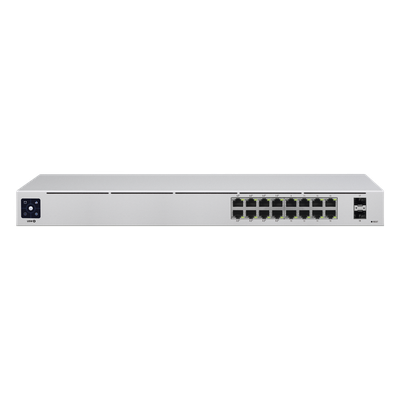 UBIQUITI - Switch PoE Administrable / 16 Puertos Gigabit / 8 Puertos PoE 802.3af/at / 2 SFP 1G / 42W / 1U Rack / 1.43 x 7.87 x 17.42 pulgadas