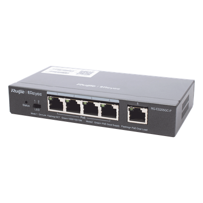 RUIJIE - Switch Administrable PoE / 5 Puertos Gigabit / 4 Puertos PoE 802.3af/at / 54 W / Capacidad 10 Gbps / Gestión Cloud / Sin Ventilador