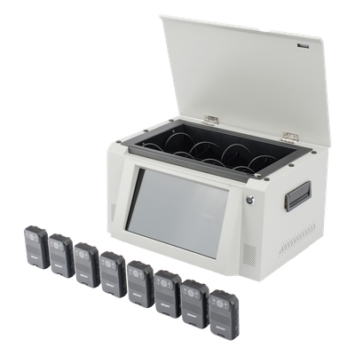 EPCOM - Kit Estación de Descarga para Bodycam / 8 Unidades / Pantalla Táctil 12 Pulgadas / Almacenamiento 36 TB / Ethernet FTP / 4G / 4K UHD