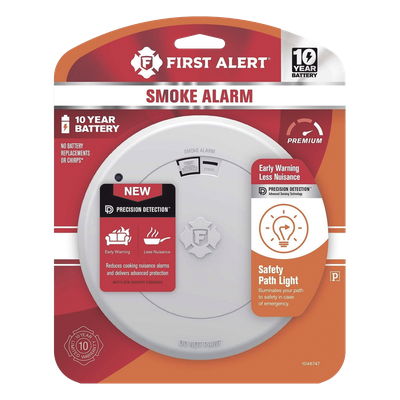 FIRST ALERT - Alarma de Humo / Sensor Fotoelectrico / Batería de Litio Sellada 10 Años / Luz de Seguridad Integrada / Rango 4.4°C a 37.8°C / Cumple UL217, CSFM, NFPA 72, NFPA 101, ICC
