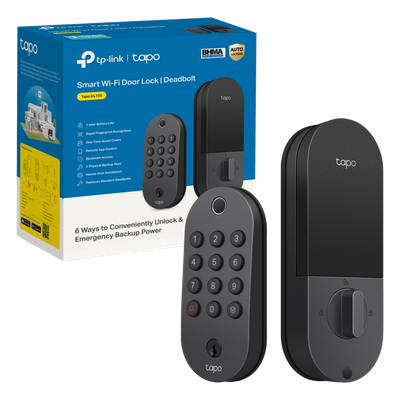 TP-LINK - Cerradura Inteligente Wi-Fi / Deadbolt / 6 Métodos Desbloqueo / Huella <0.5s / 100 Huellas + 200 PINs / BHMA Grado 3 / IP54 Exterior / Batería 7800 mAh / Alexa-Google-SmartThings