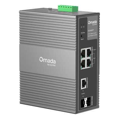 TP-LINK - Switch Industrial Easy Managed / 6 Puertos Gigabit / 4 PoE (1× PoE++ 60W + 3× PoE+ 30W) / 120W PoE Budget / 2 SFP / IP40 / -40°C a 75°C / 6kV Protección Rayos / DIN-Rail