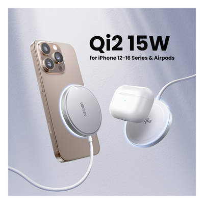 UGREEN - Cargador Inalámbrico Magnético / 15W / Qi 2 Certificado / USB-C 9V 2.2A / Eficiencia 83% / Cable 1.5 m (4.9 ft) / Material PC+ABS+Aluminio