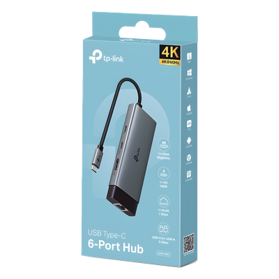 TP-LINK - Adaptador HUB / 6 en 1 / USB-C / HDMI 4K@60Hz / Ethernet Gigabit / 100W PD / 4.65 x 1.69 x 0.56 in
