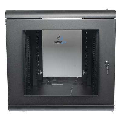 LINKEDPRO - Gabinete de Pared 12U / Profundidad Ajustable 930 mm / Acero Reforzado ANSI/TIA / Carga 100 kg / Cristal Templado / 4 Postes Ajustables