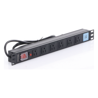 THORSMAN - PDU Horizontal / 6 Contactos NEMA 5-15R / 2 Puertos USB 5V/2.1A / 1UR / 19" / 1875 W / Cable 1.80 m (5.9 ft)