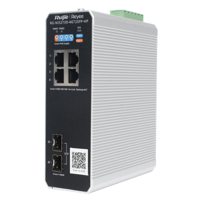 RUIJIE - Switch Industrial PoE+ / 4 Puertos Gigabit / 1 PoE++ 60W + 3 PoE+ 30W / 2 SFP Uplink / 12 Gbps / -40°C a 75°C / Protección 6 kV