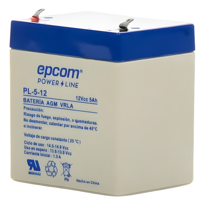 EPCOM POWERLINE - Batería 12 Vcc / 5 Ah / UL / Tecnología AGM-VRLA / Para uso en equipo electrónico Alarmas de intrusión / Incendio/ Control de acceso / Video Vigilancia / Terminales F1 / Cargador recomendado CHR-80.