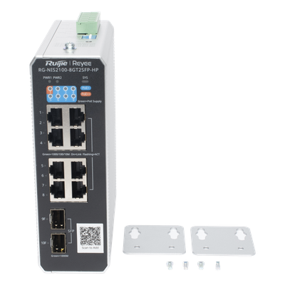 RUIJIE - Switch Industrial PoE+ / 8 Puertos Gigabit / 1 PoE++ 60W / 7 PoE+ 30W / 2 SFP Uplink / 300W Total / Capacidad 20 Gbps / Layer 2