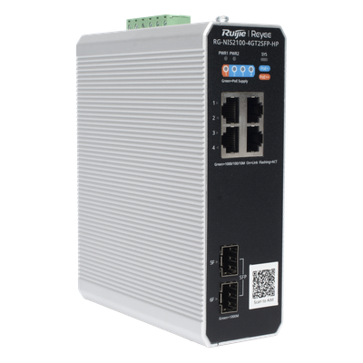 RUIJIE - Switch Industrial PoE+ / 4 Puertos Gigabit / 1 PoE++ 60W + 3 PoE+ 30W / 2 SFP Uplink / 12 Gbps / -40°C a 75°C / Protección 6 kV