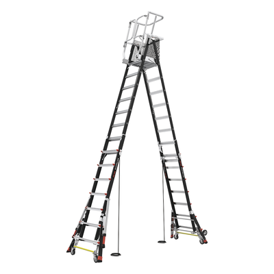 LITTLE GIANT LADDER SYSTEMS - Escalera de Fibra de Vidrio con Jaula / Ajuste de Altura 8' a 14' (2.44 a 4.27 m) / Carga Máxima 170 kg (375 lb) / Nivelación en Ruedas Ratchet™ / Peso 58.5 kg (129 lb)