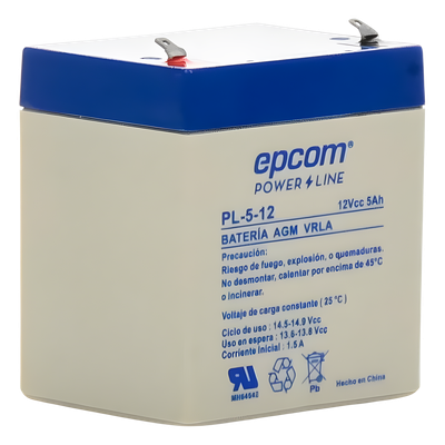 EPCOM POWERLINE - Batería 12 Vcc / 5 Ah / UL / Tecnología AGM-VRLA / Para uso en equipo electrónico Alarmas de intrusión / Incendio/ Control de acceso / Video Vigilancia / Terminales F1 / Cargador recomendado CHR-80.