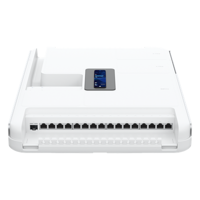 UBIQUITI - Cloud Gateway Montaje en Pared / Wi-Fi 6 Integrado / Enrutamiento 3.5+ Gbps / Switch PoE 420 W / Pantalla Táctil 4.7" / 18 Puertos / 10G SFP+